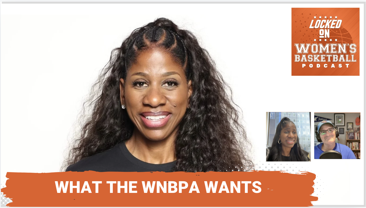 Graphic with headshot photo of WNBPA president Terri Jackson. Locked On Women's Basketball logo at top right. White text on orange background below reads "What the WNBPA wants". Headshots of guest Terri Jackson and host Howard Megdal at lower right.